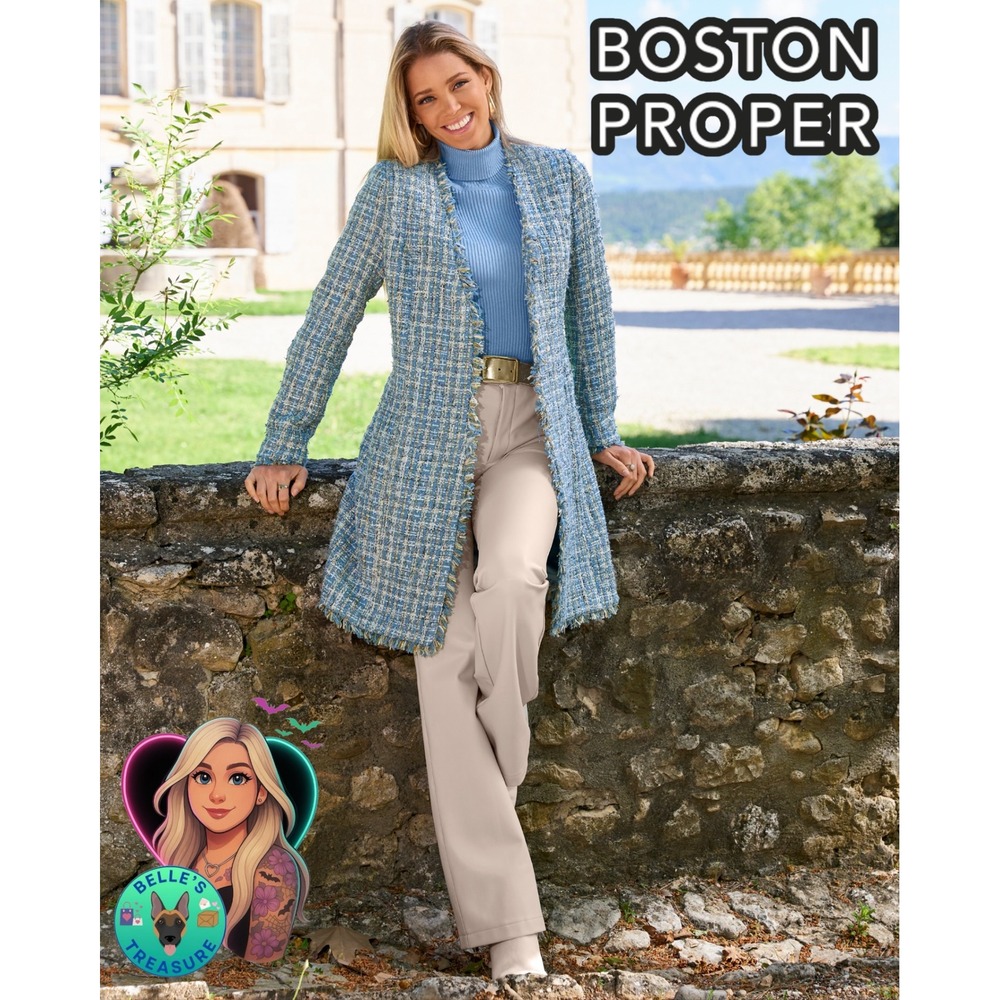 BOSTON PROPER Women's 16 Blue Tweed Fringe Open Front Belted Long Jacket Coat